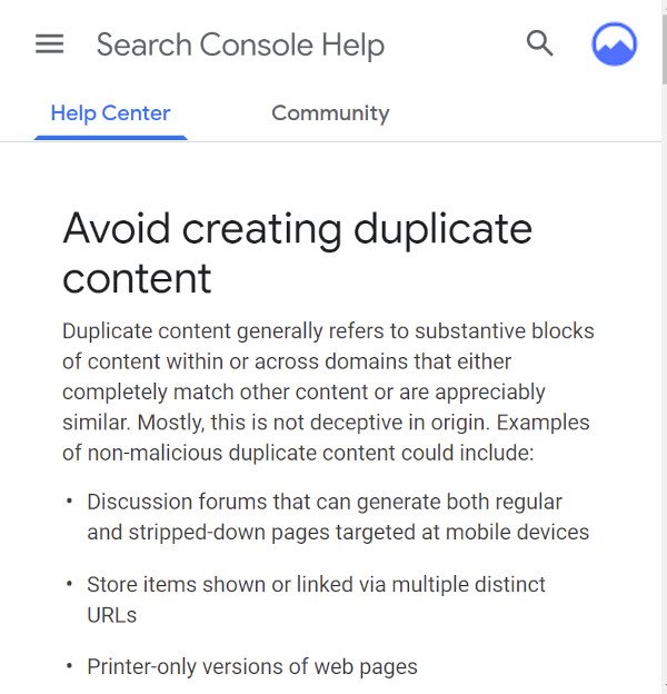 Avoid creating duplicate content advised by Google Search Console Help