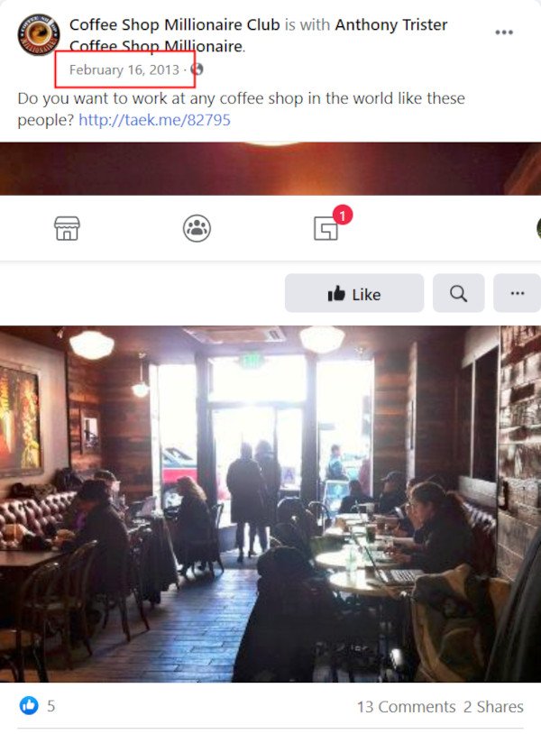 Coffee Shop Millionaire Facebook Page latest post was in 2013