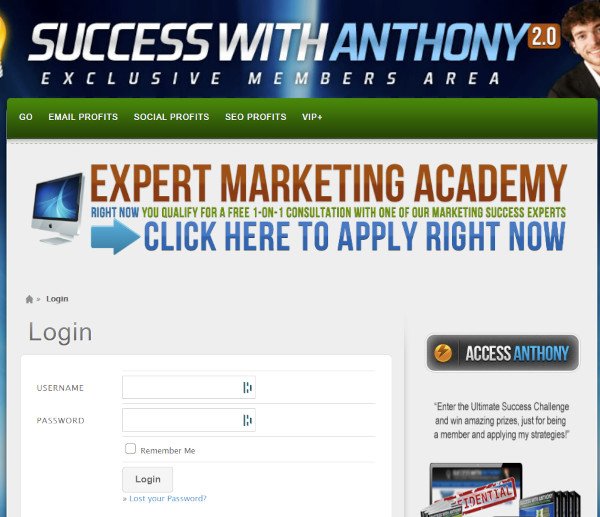 Success with Anthony Login Page