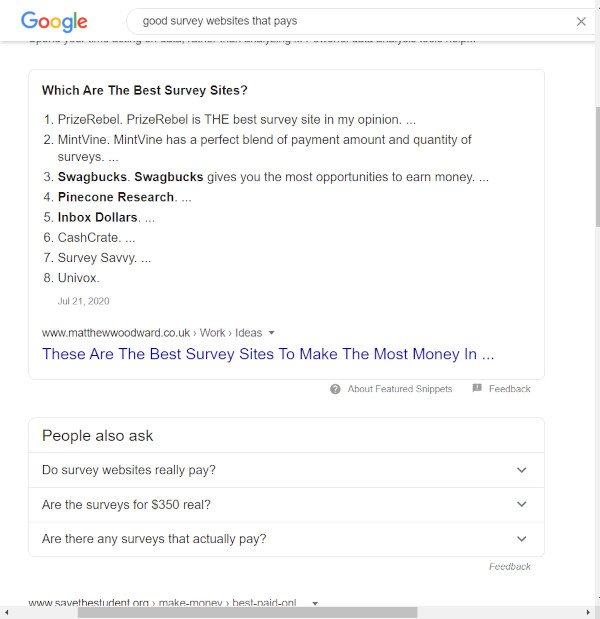 Google Search results- good survey websites that pays