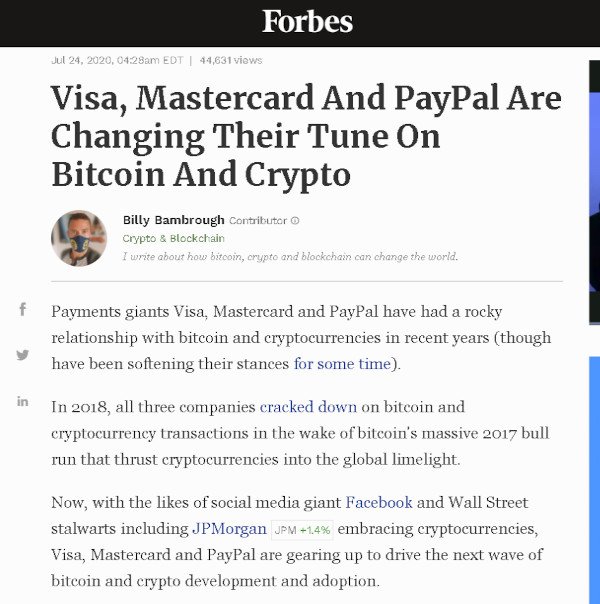 Visa Mastercard And PayPal Are Changing Their Tune On Bitcoin And Crypto - Forbes