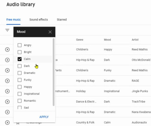 Filter Search to Find Calm Music at YouTube Audio Library