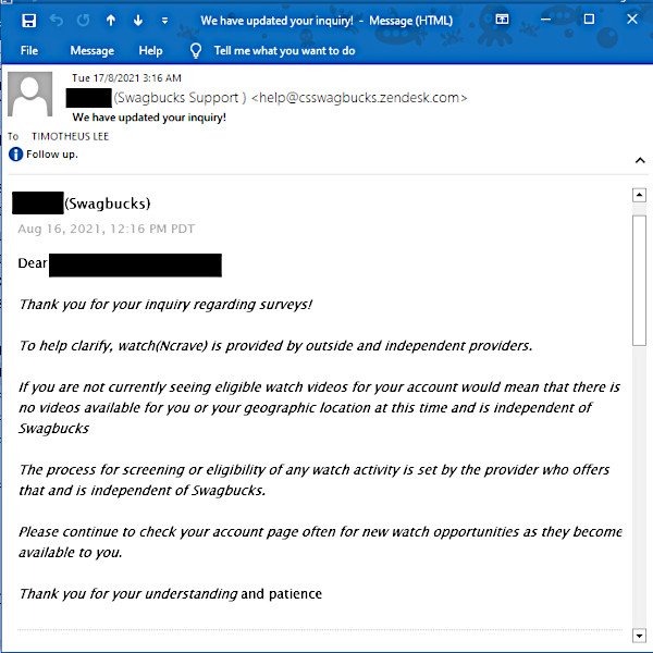 Updated Reply from Swagbucks Support Providing Explanation Why There Is No Watch Option