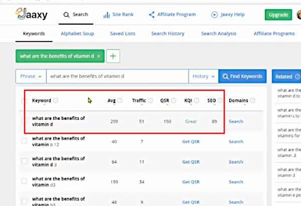 Jaaxy - Traffic, Average Searches, QSR and more data for keyword - What Are-The Benefits of Vitamin D