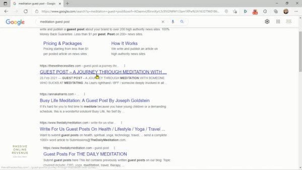 Google Search for Guest Posting in Meditation Niche