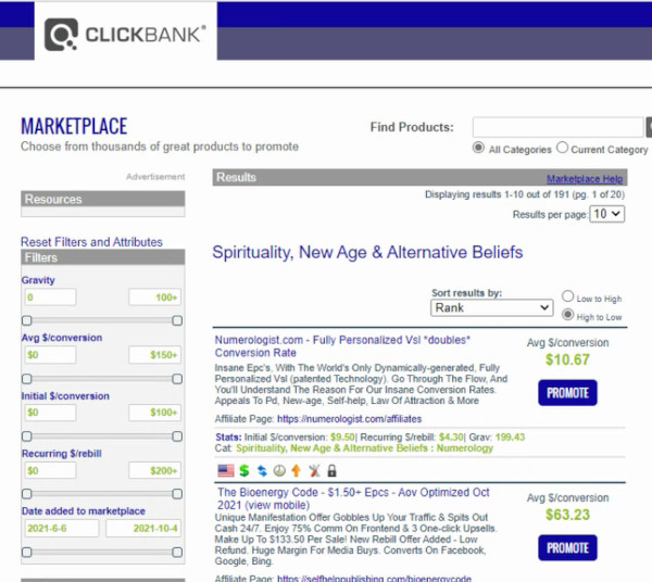 Spirituality, New Age and Alternative Beliefs section on ClickBank